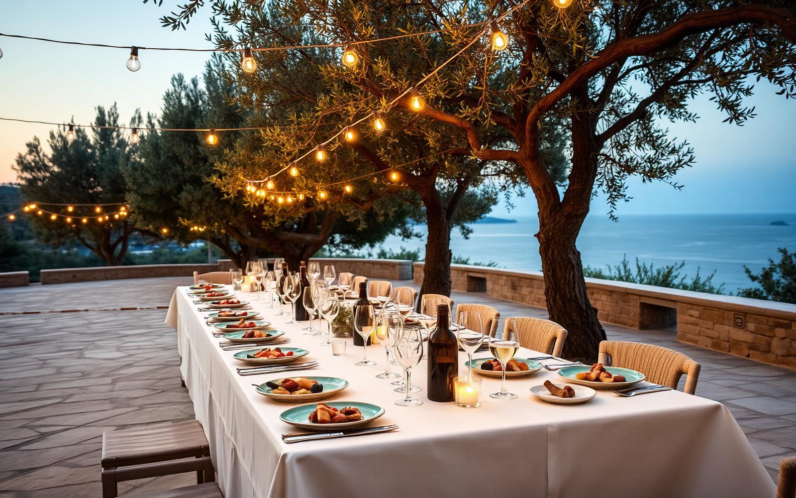 A long table set for dinner under olive trees above the sea